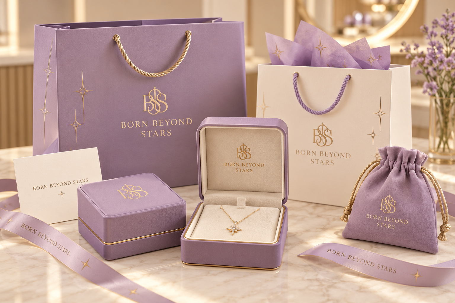 Lavender and warm cream Born Beyond Stars packaging with champagne gold monograms