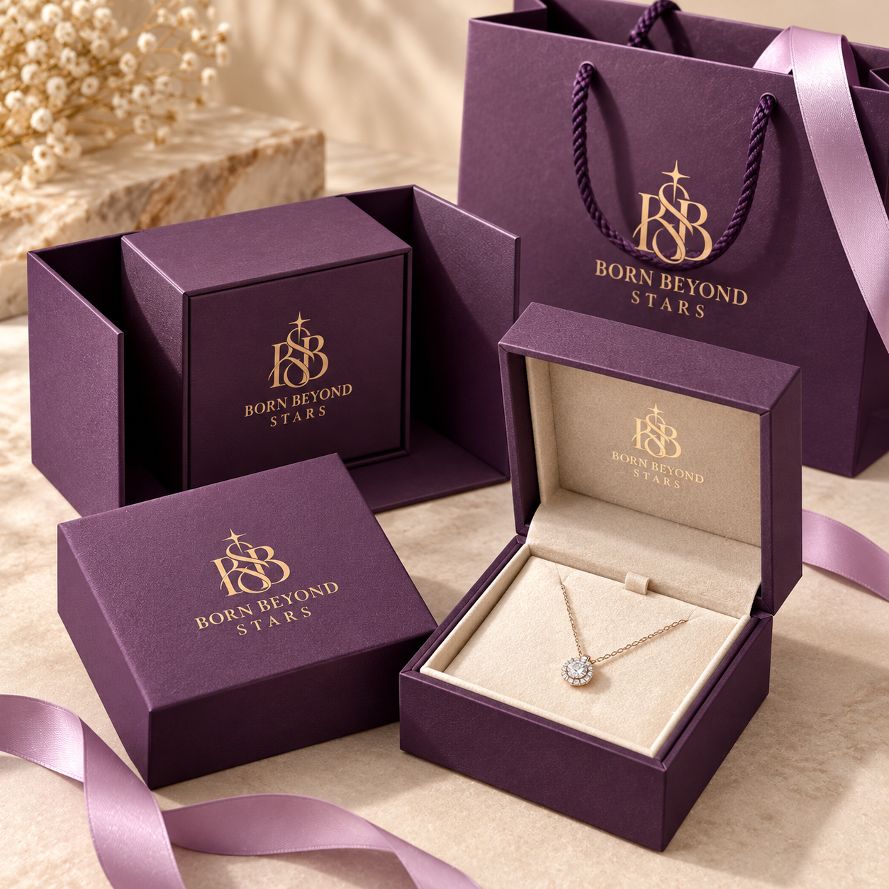 Purple Born Beyond Stars gift boxes with champagne gold monograms